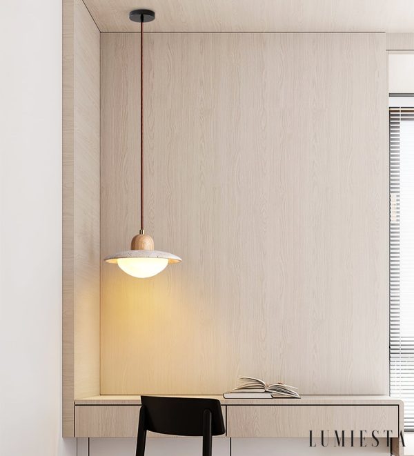 RivieraX - Lampa wisząca drewniana z żółtym trawertynem do jadalni, Ø20×H13 cm