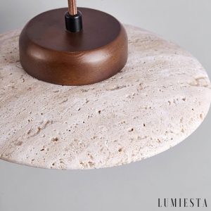 RivieraX - Lampa wisząca drewniana z żółtym trawertynem do jadalni, Ø20×H13 cm