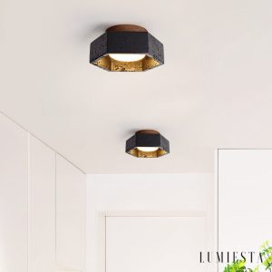 Rivieris - Plafon trawertynowy czarny z drewnem orzechowym do salonu Ø17×7 cm