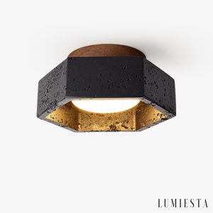 Rivieris - Plafon trawertynowy czarny z drewnem orzechowym do salonu Ø17×7 cm
