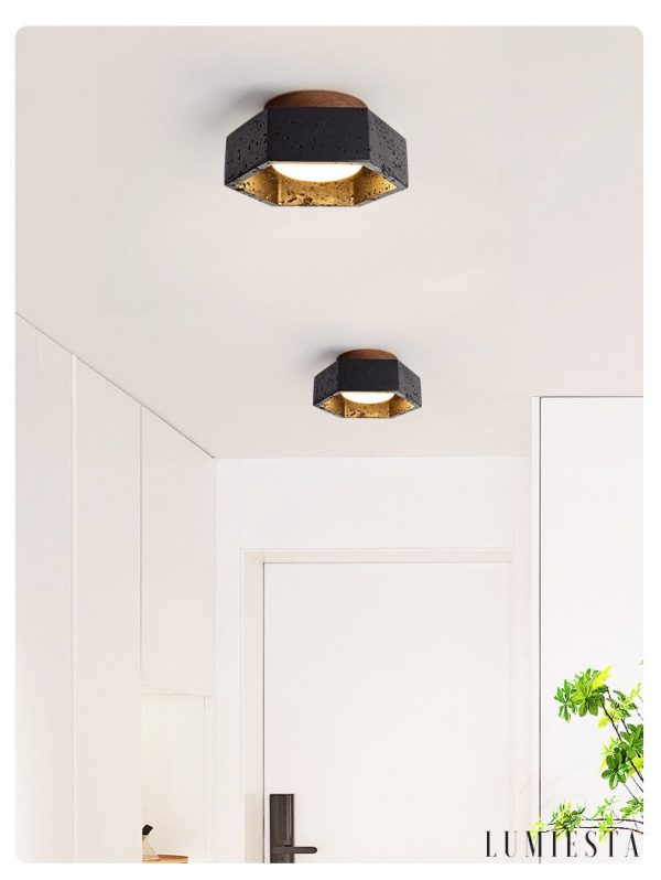 Rivieris - Plafon trawertynowy czarny z drewnem orzechowym do salonu Ø17×7 cm