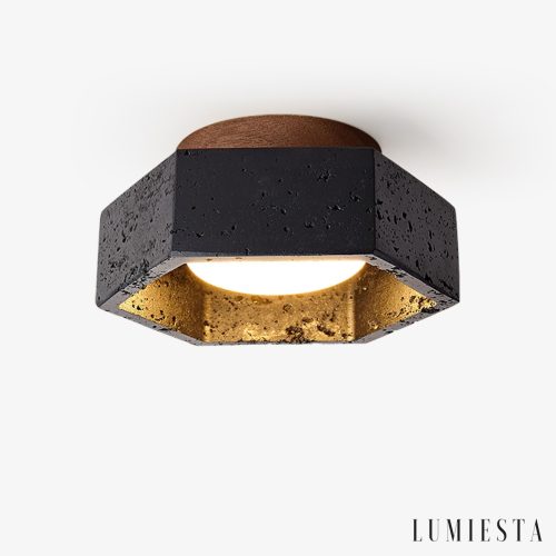 Rivieris - Plafon trawertynowy czarny z drewnem orzechowym do salonu Ø17×7 cm