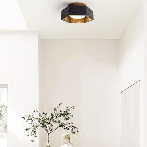 Rivieris - Plafon trawertynowy czarny z drewnem orzechowym do salonu Ø17×7 cm