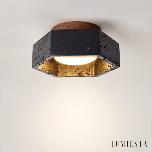 Rivieris - Plafon trawertynowy czarny z drewnem orzechowym do salonu Ø17×7 cm