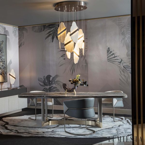 Romastra - Lampa wisząca alabastrowa, złota i biała do salonu, Ø80 x H200 cm