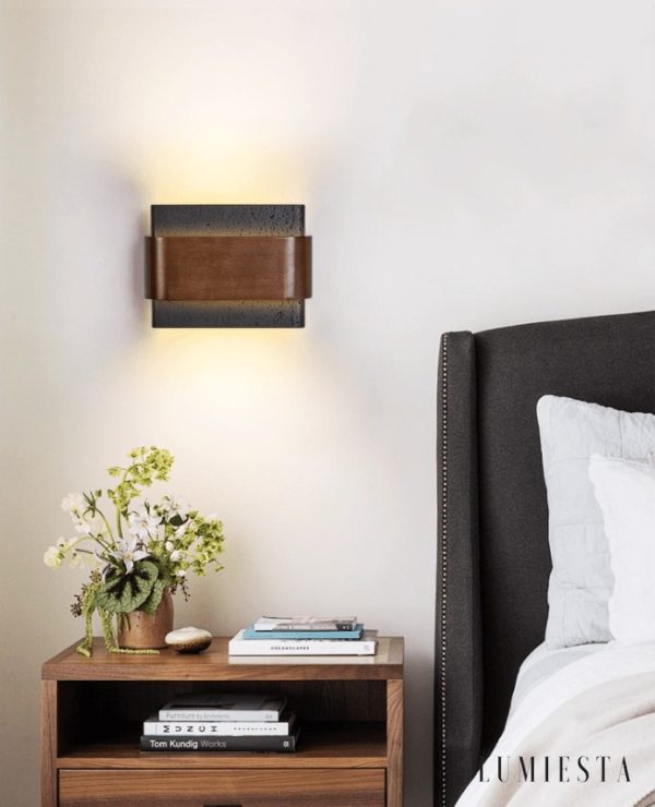 Rosariax - Kinkiet trawertynowy z orzechem, czarny, do sypialni 22x16 cm