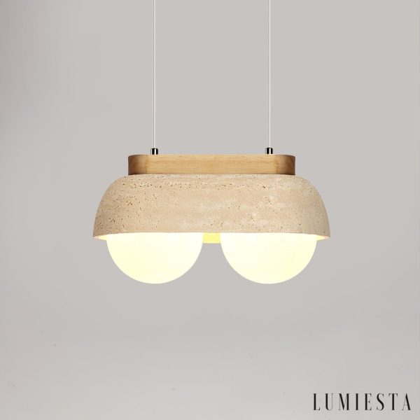 Sardiniax - Lampa wisząca żółty trawertyn i drewno do jadalni, Ø27/40 x H15 cm