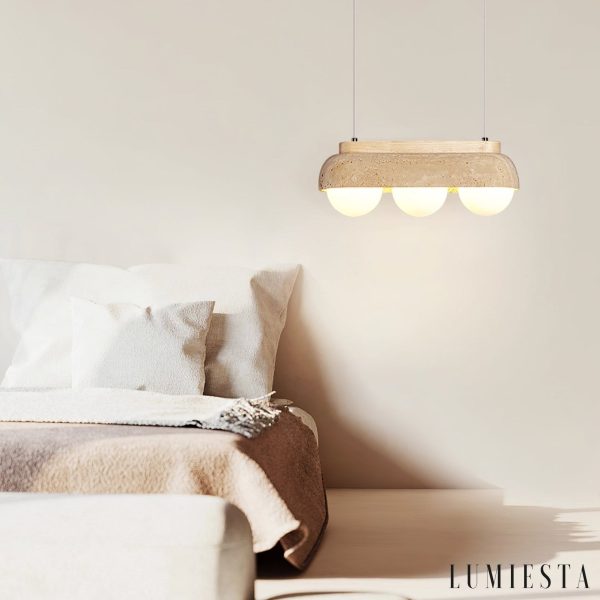 Sardiniax - Lampa wisząca żółty trawertyn i drewno do jadalni, Ø27/40 x H15 cm