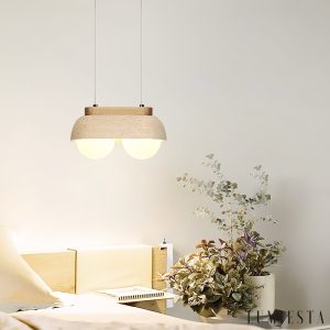 Sardiniax - Lampa wisząca żółty trawertyn i drewno do jadalni, Ø27/40 x H15 cm