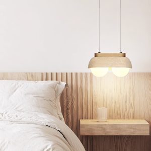 Sardiniax - Lampa wisząca żółty trawertyn i drewno do jadalni, Ø27/40 x H15 cm