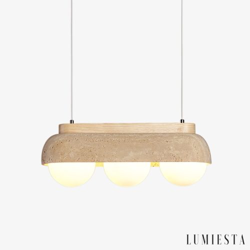 Sardiniax - Lampa wisząca żółty trawertyn i drewno do jadalni, Ø27/40 x H15 cm