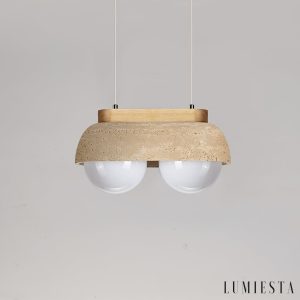 Sardiniax - Lampa wisząca żółty trawertyn i drewno do jadalni, Ø27/40 x H15 cm