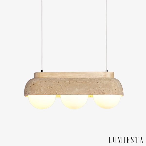 Sardiniax - Lampa wisząca żółty trawertyn i drewno do jadalni, Ø27/40 x H15 cm