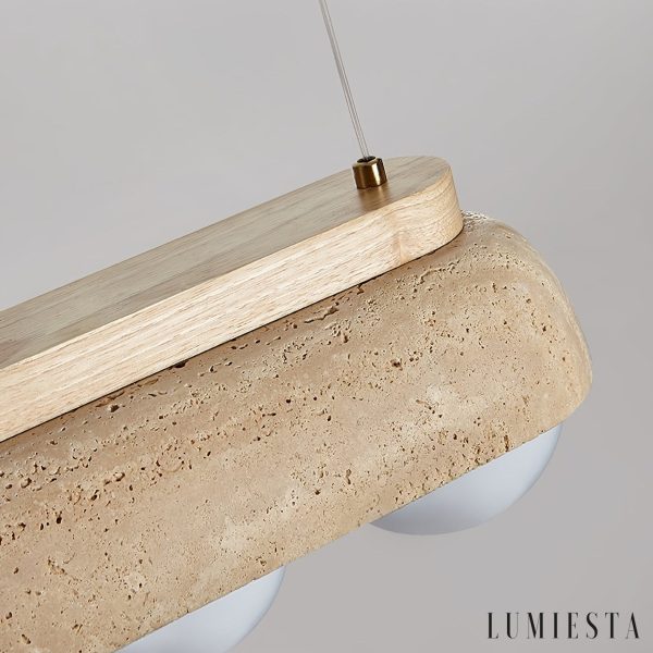 Sardiniax - Lampa wisząca żółty trawertyn i drewno do jadalni, Ø27/40 x H15 cm