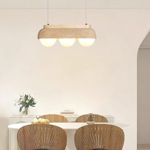 Sardiniax - Lampa wisząca żółty trawertyn i drewno do jadalni, Ø27/40 x H15 cm