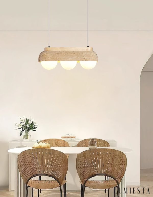 Sardiniax - Lampa wisząca żółty trawertyn i drewno do jadalni, Ø27/40 x H15 cm