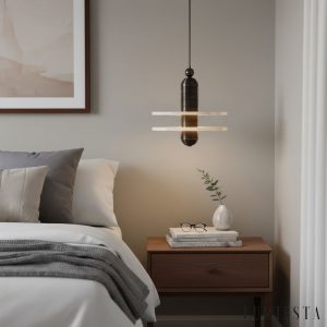 Scalara - Lampa wisząca loftowa czarno-biała z alabastrem do salonu, Ø28/40 cm