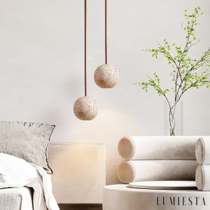 Sferaluna - Lampa wisząca travertynowa, żółta, do jadalni, Ø10 x H10 cm