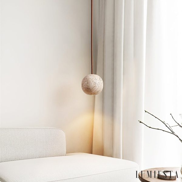Sferaluna - Lampa wisząca travertynowa, żółta, do jadalni, Ø10 x H10 cm