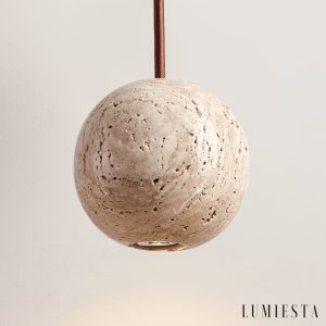 Sferaluna - Lampa wisząca travertynowa, żółta, do jadalni, Ø10 x H10 cm