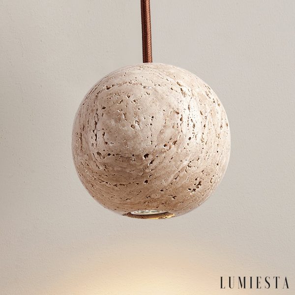 Sferaluna - Lampa wisząca travertynowa, żółta, do jadalni, Ø10 x H10 cm