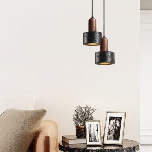 Sicilux - Lampa wisząca trawertynowa, czarny i orzech do salonu Ø12xH16 cm