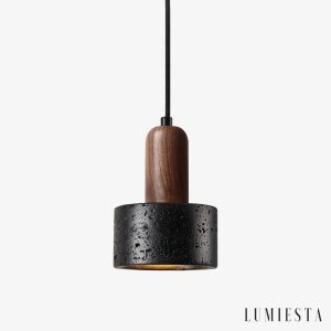 Sicilux - Lampa wisząca trawertynowa, czarny i orzech do salonu Ø12xH16 cm