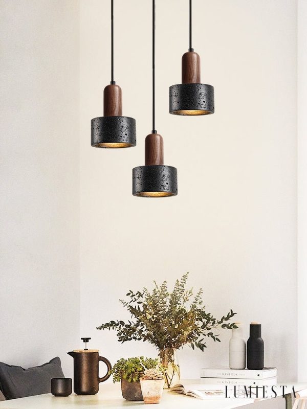Sicilux - Lampa wisząca trawertynowa, czarny i orzech do salonu Ø12xH16 cm