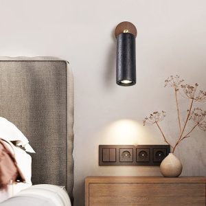 Sierava - Kinkiet drewniany orzechowy z czarnym trawertynem do salonu Ø7 x 16 cm