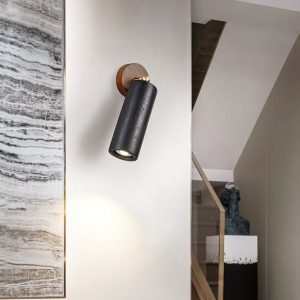 Sierava - Kinkiet drewniany orzechowy z czarnym trawertynem do salonu Ø7 x 16 cm