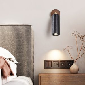 Sierava - Kinkiet drewniany orzechowy z czarnym trawertynem do salonu Ø7 x 16 cm