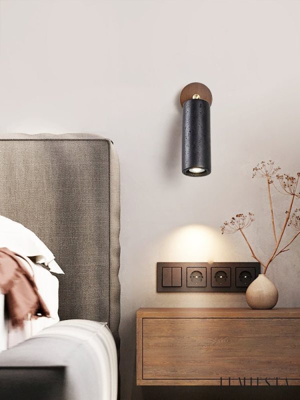 Sierava - Kinkiet drewniany orzechowy z czarnym trawertynem do salonu Ø7 x 16 cm