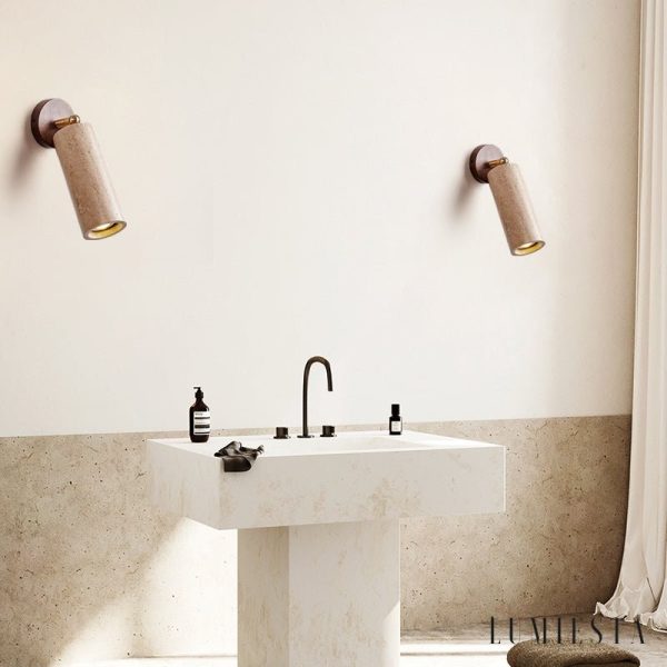 Sierava - Kinkiet drewniany orzechowy z czarnym trawertynem do salonu Ø7 x 16 cm