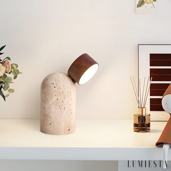 Soltrava - Lampa stołowa trawertynowa, drewno orzechowe, do salonu, Ø9 x H15 cm