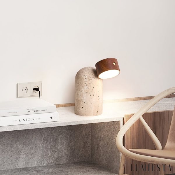 Soltrava - Lampa stołowa trawertynowa, drewno orzechowe, do salonu, Ø9 x H15 cm