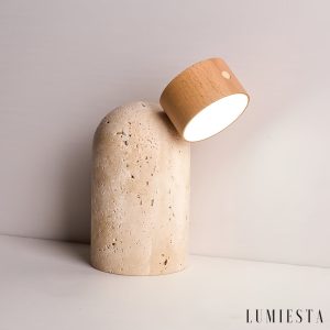 Soltrava - Lampa stołowa trawertynowa, drewno orzechowe, do salonu, Ø9 x H15 cm