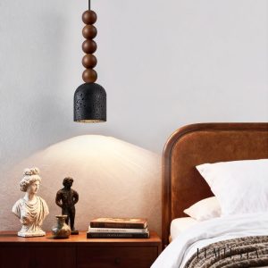 Spartis - Lampa wisząca travertynowo-drewniana, żółty/orzech, nad stół Ø10x22cm