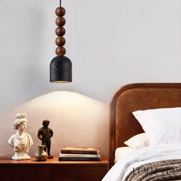 Spartis - Lampa wisząca travertynowo-drewniana, żółty/orzech, nad stół Ø10x22cm