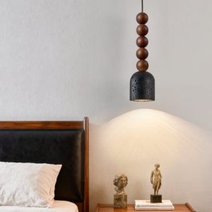 Spartis - Lampa wisząca travertynowo-drewniana, żółty/orzech, nad stół Ø10x22cm