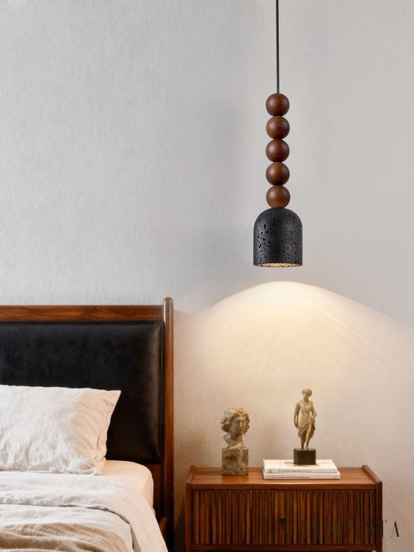 Spartis - Lampa wisząca travertynowo-drewniana, żółty/orzech, nad stół Ø10x22cm