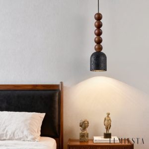 Spartis - Lampa wisząca travertynowo-drewniana, żółty/orzech, nad stół Ø10x22cm