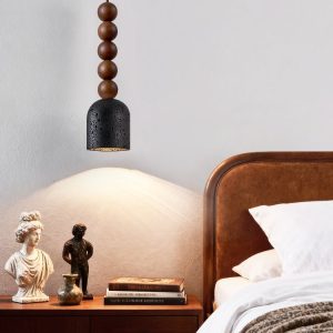 Spartis - Lampa wisząca travertynowo-drewniana, żółty/orzech, nad stół Ø10x22cm