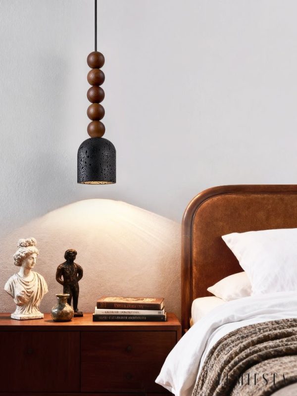 Spartis - Lampa wisząca travertynowo-drewniana, żółty/orzech, nad stół Ø10x22cm