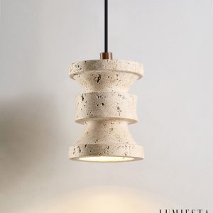 Strvello - Lampa wisząca trawertynowa, żółta z drewnem do salonu, Ø11 x 14 cm