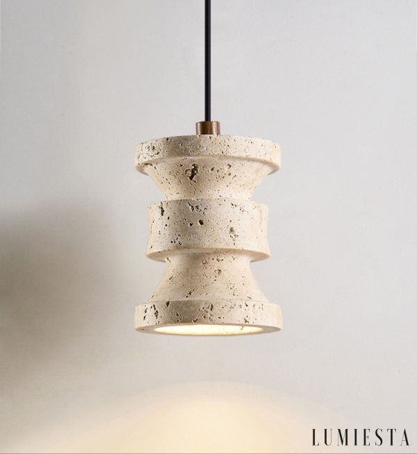 Strvello - Lampa wisząca trawertynowa, żółta z drewnem do salonu, Ø11 x 14 cm