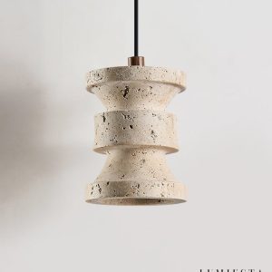 Strvello - Lampa wisząca trawertynowa, żółta z drewnem do salonu, Ø11 x 14 cm