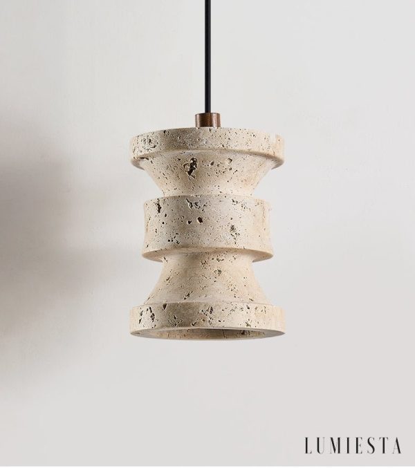 Strvello - Lampa wisząca trawertynowa, żółta z drewnem do salonu, Ø11 x 14 cm