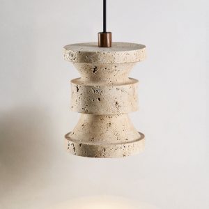 Strvello - Lampa wisząca trawertynowa, żółta z drewnem do salonu, Ø11 x 14 cm