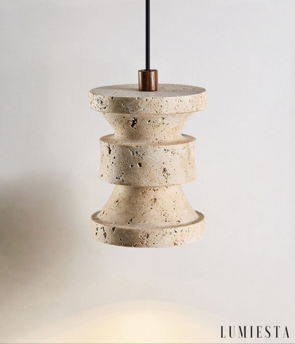 Strvello - Lampa wisząca trawertynowa, żółta z drewnem do salonu, Ø11 x 14 cm