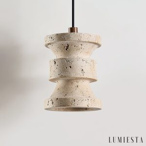 Strvello - Lampa wisząca trawertynowa, żółta z drewnem do salonu, Ø11 x 14 cm
